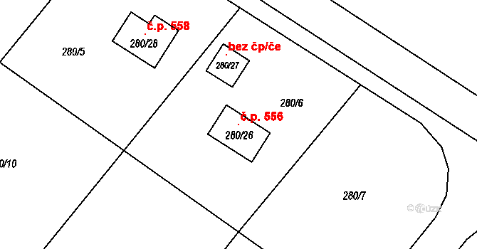 Kuřívody 556, Ralsko na parcele st. 280/26 v KÚ Kuřívody, Katastrální mapa