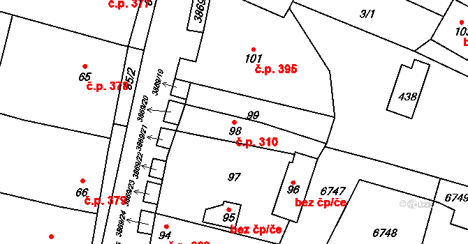 Míšovice 310, Hostěradice na parcele st. 98 v KÚ Míšovice, Katastrální mapa