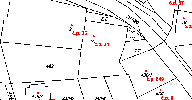 Honice 34, Stochov na parcele st. 1/1 v KÚ Honice, Katastrální mapa