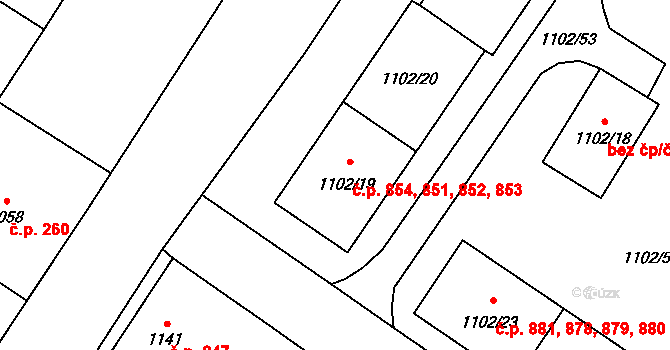 Nový Bor 851,852,853,854 na parcele st. 1102/19 v KÚ Nový Bor, Katastrální mapa