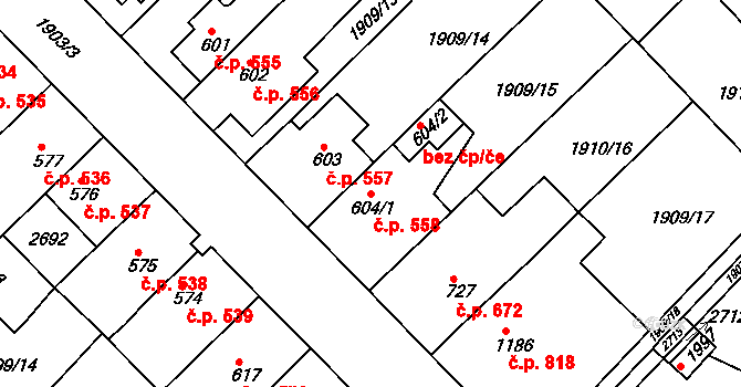 Tišnov 558 na parcele st. 604/1 v KÚ Tišnov, Katastrální mapa