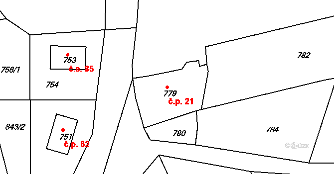 Neřežín 21, Chaloupky na parcele st. 779 v KÚ Chaloupky, Katastrální mapa