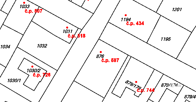 Kosmonosy 587 na parcele st. 876 v KÚ Kosmonosy, Katastrální mapa