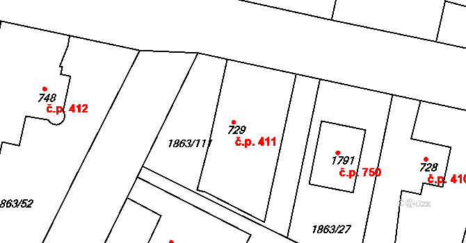 Planá 411 na parcele st. 729 v KÚ Planá u Mariánských Lázní, Katastrální mapa