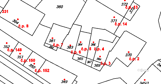 Křelov 5, Křelov-Břuchotín na parcele st. 364 v KÚ Křelov, Katastrální mapa