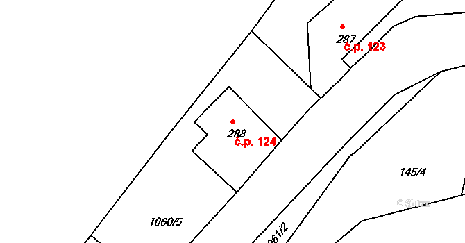 Rožmberk nad Vltavou 124 na parcele st. 288 v KÚ Rožmberk nad Vltavou, Katastrální mapa