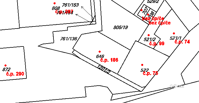 Děčín IX-Bynov 186, Děčín na parcele st. 646 v KÚ Bynov, Katastrální mapa