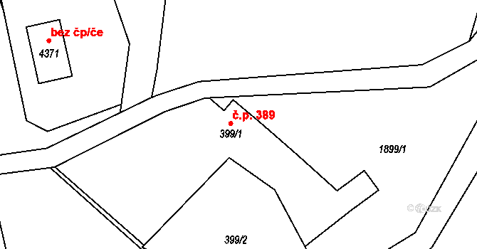 Rožnov pod Radhoštěm 389 na parcele st. 399/1 v KÚ Rožnov pod Radhoštěm, Katastrální mapa