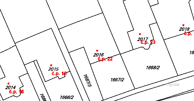 Sedličky 22, Jičín na parcele st. 2016 v KÚ Jičín, Katastrální mapa