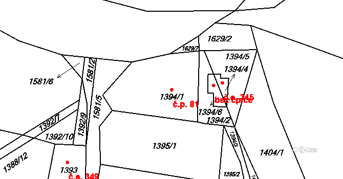 Hradištko 81 na parcele st. 1394/1 v KÚ Hradištko u Sadské, Katastrální mapa