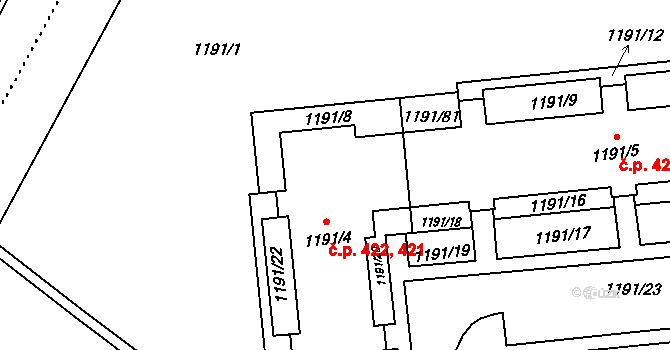 Záblatí 422, Bohumín na parcele st. 1191/4 v KÚ Záblatí u Bohumína, Katastrální mapa