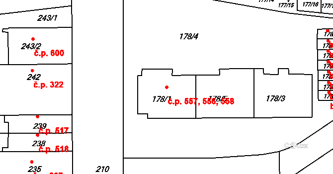 Komárov 556,557,558, Brno na parcele st. 178/5 v KÚ Komárov, Katastrální mapa