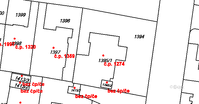 Teplice 1274 na parcele st. 1395/1 v KÚ Teplice, Katastrální mapa