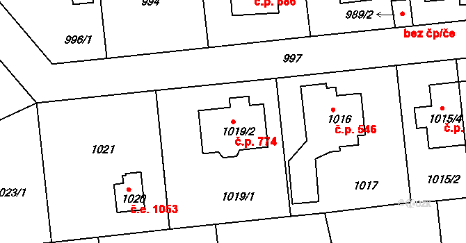 Šeberov 774, Praha na parcele st. 1019/2 v KÚ Šeberov, Katastrální mapa