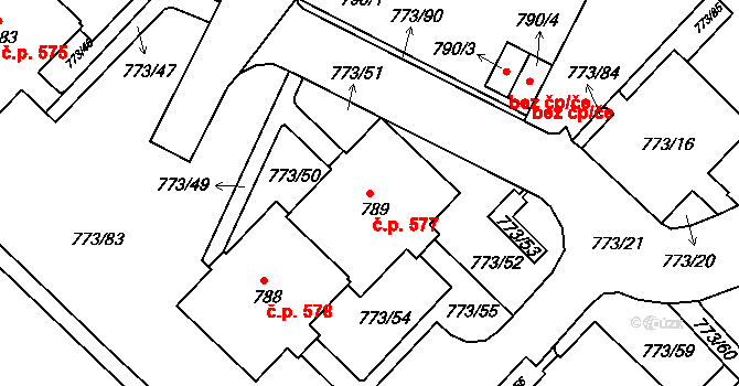 Lhotka 577, Praha na parcele st. 789 v KÚ Lhotka, Katastrální mapa