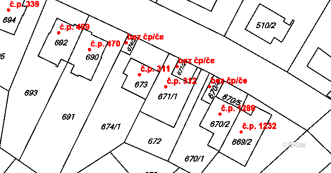 Braník 312, Praha na parcele st. 671/1 v KÚ Braník, Katastrální mapa