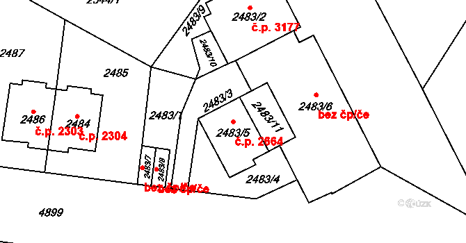 Smíchov 2664, Praha na parcele st. 2483/5 v KÚ Smíchov, Katastrální mapa