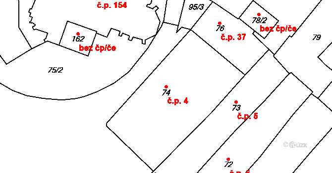 Chomutov 4 na parcele st. 74 v KÚ Chomutov I, Katastrální mapa