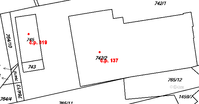 Týnec nad Labem 137 na parcele st. 742/2 v KÚ Týnec nad Labem, Katastrální mapa