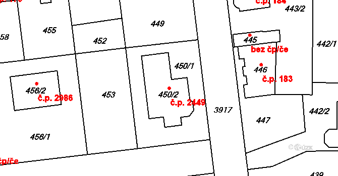 Horní Počernice 2449, Praha na parcele st. 450/2 v KÚ Horní Počernice, Katastrální mapa