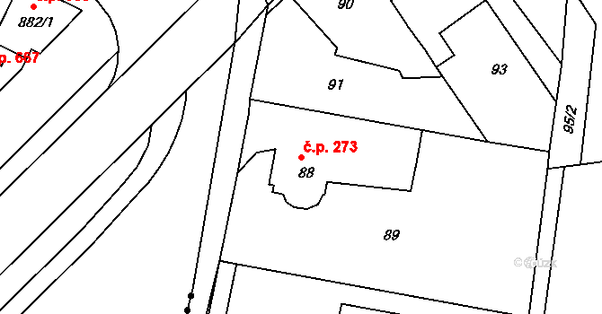 Štípa 273, Zlín na parcele st. 88 v KÚ Štípa, Katastrální mapa