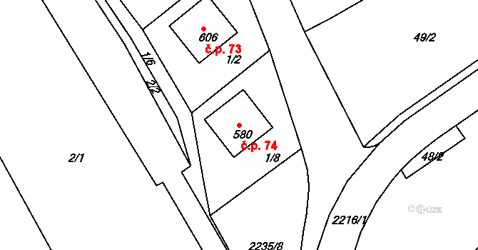 Prakšice 74 na parcele st. 580 v KÚ Prakšice, Katastrální mapa