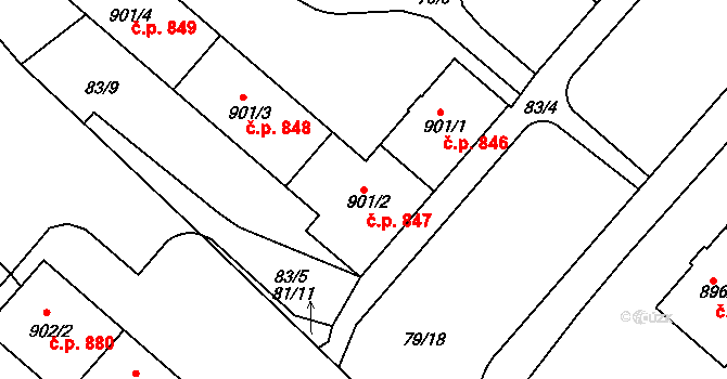 Neratovice 847 na parcele st. 901/2 v KÚ Neratovice, Katastrální mapa