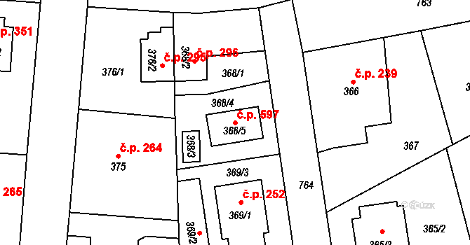 Dolní Měcholupy 597, Praha na parcele st. 368/5 v KÚ Dolní Měcholupy, Katastrální mapa