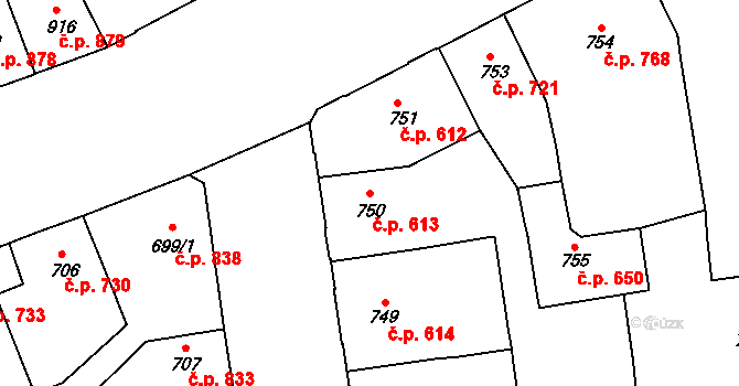 Louny 613 na parcele st. 750 v KÚ Louny, Katastrální mapa