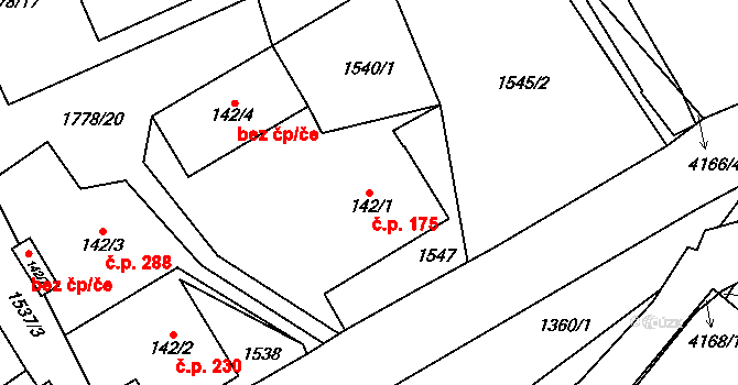 Libouchec 175 na parcele st. 142/1 v KÚ Libouchec, Katastrální mapa