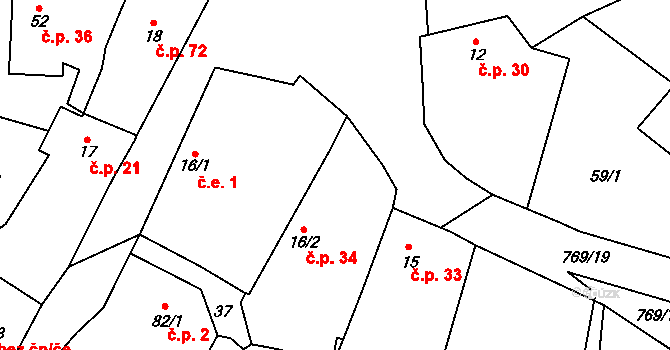 Čelákovy 34, Zemětice na parcele st. 16/2 v KÚ Čelákovy, Katastrální mapa