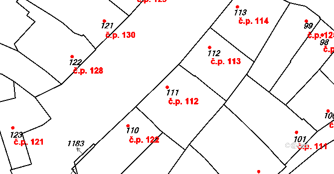 Roštění 112 na parcele st. 111 v KÚ Roštění, Katastrální mapa