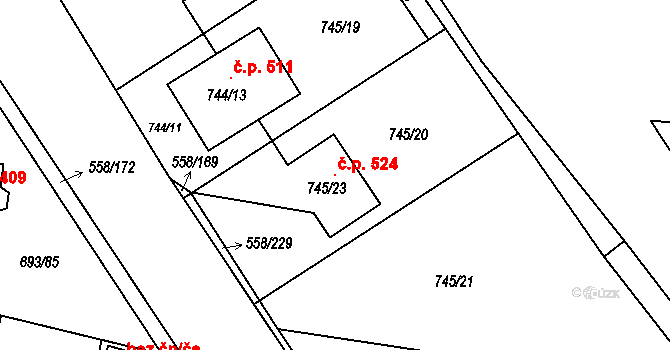 Chotíkov 524 na parcele st. 745/23 v KÚ Chotíkov, Katastrální mapa