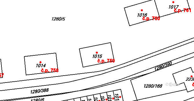 Dobřany 759 na parcele st. 1015 v KÚ Dobřany, Katastrální mapa