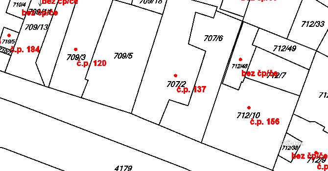 Těšetice 137 na parcele st. 707/2 v KÚ Těšetice u Znojma, Katastrální mapa