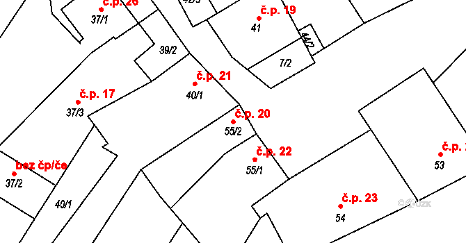 Přerov XI-Vinary 20, Přerov na parcele st. 55/2 v KÚ Vinary u Přerova, Katastrální mapa