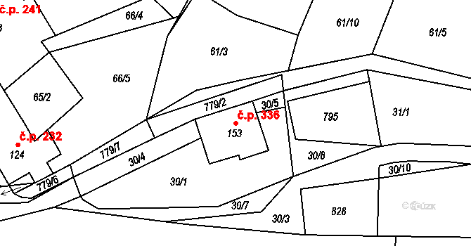 Dobronín 336 na parcele st. 153 v KÚ Střelecká, Katastrální mapa