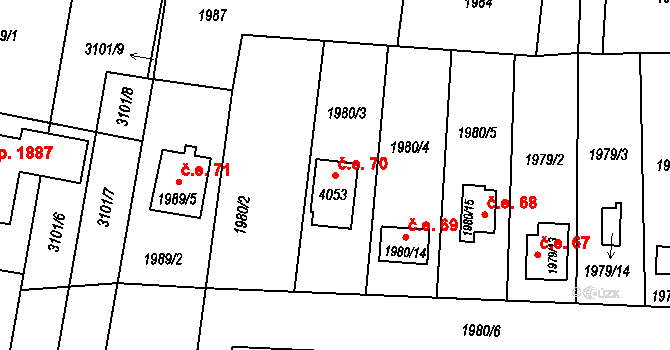 Čelákovice 70 na parcele st. 4053 v KÚ Čelákovice, Katastrální mapa