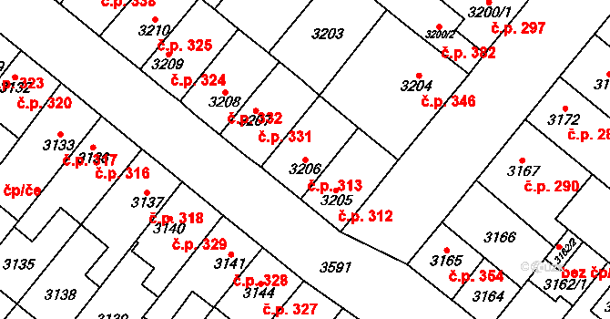 Vyškov-Město 313, Vyškov na parcele st. 3206 v KÚ Vyškov, Katastrální mapa