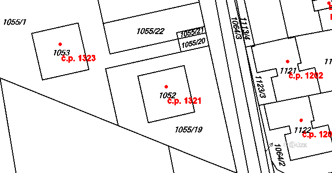 Úvaly 1321 na parcele st. 1052 v KÚ Úvaly u Prahy, Katastrální mapa