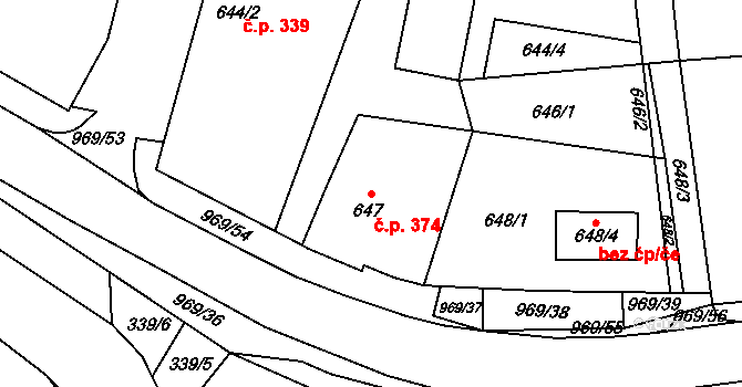 Lipová-lázně 374 na parcele st. 647 v KÚ Dolní Lipová, Katastrální mapa