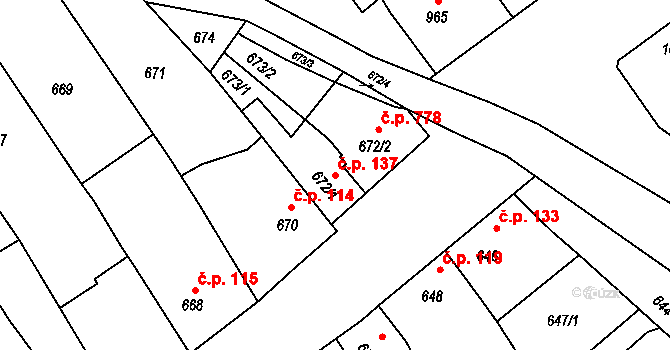 Velká Bystřice 137 na parcele st. 672/1 v KÚ Velká Bystřice, Katastrální mapa