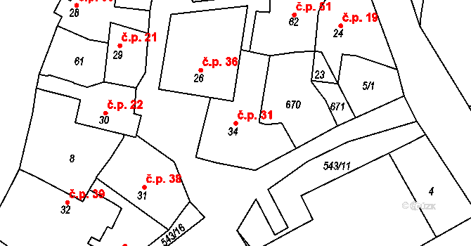 Dušníky 31 na parcele st. 34 v KÚ Dušníky, Katastrální mapa