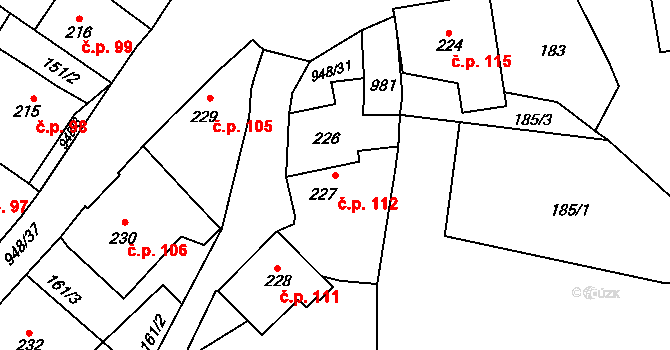 Borohrádek 112 na parcele st. 227 v KÚ Borohrádek, Katastrální mapa
