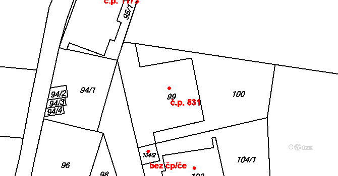 Podolí 531, Praha na parcele st. 99 v KÚ Podolí, Katastrální mapa