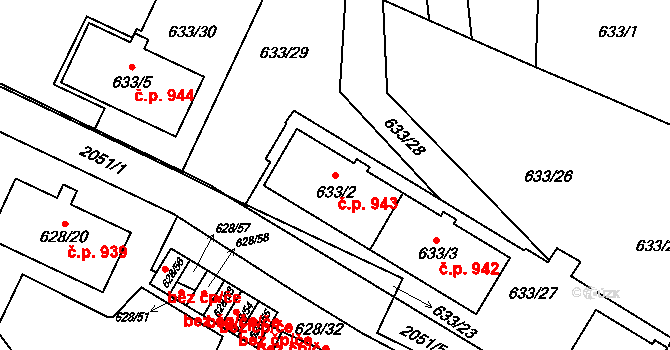 Košíře 943, Praha na parcele st. 633/2 v KÚ Košíře, Katastrální mapa