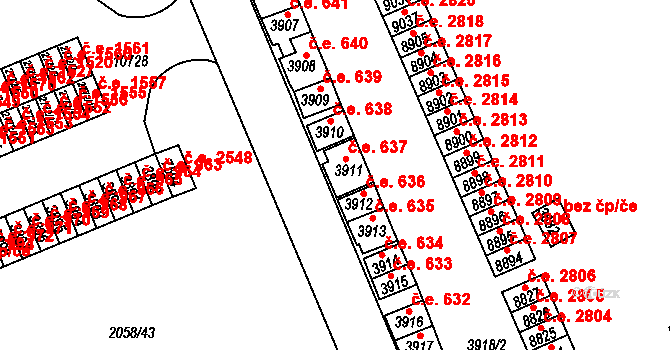 Hodonín 637 na parcele st. 3911 v KÚ Hodonín, Katastrální mapa