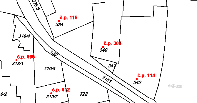 Blučina 309 na parcele st. 340 v KÚ Blučina, Katastrální mapa
