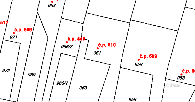 Pozořice 510 na parcele st. 961 v KÚ Pozořice, Katastrální mapa