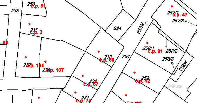 Velké Chvalovice 68, Pečky na parcele st. 233 v KÚ Velké Chvalovice, Katastrální mapa